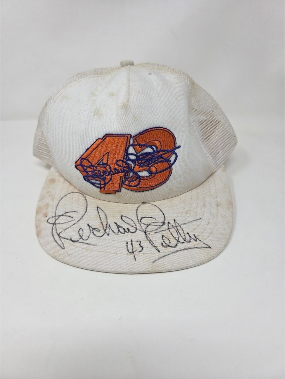 White Mesh Snapback Hat With Large 43 Patch And Richard Petty Autograph